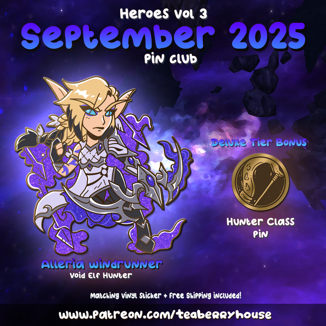 Promotional graphic for a pin club featuring a character named Alleria Windrunner with a purple and blue color scheme.